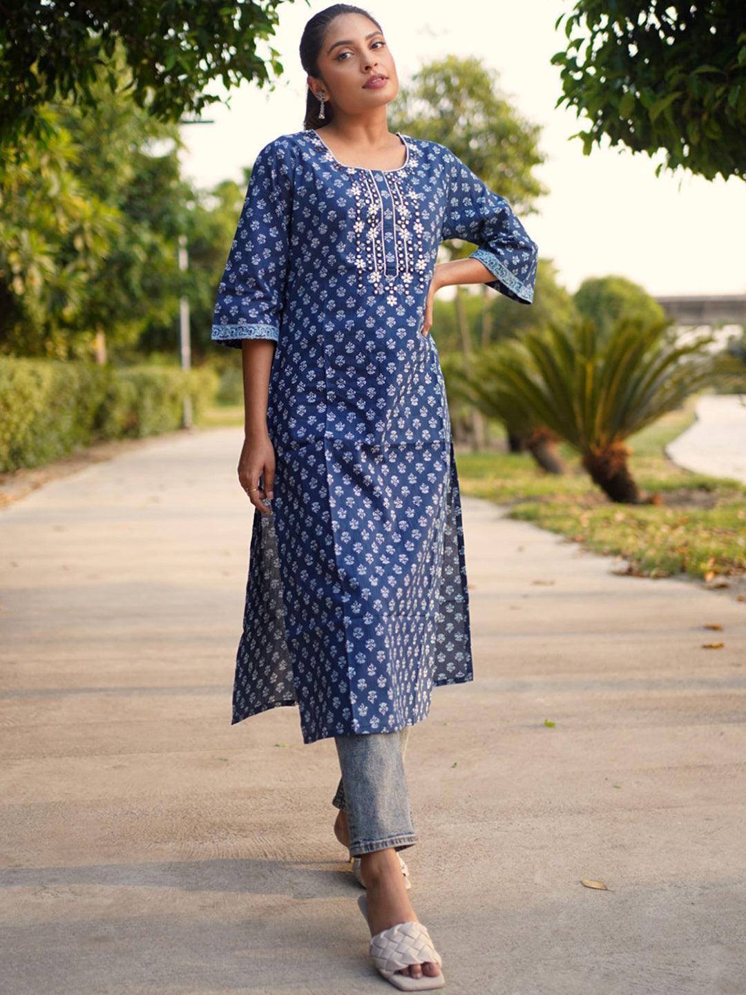 Navy Blue Printed Cotton Kurta