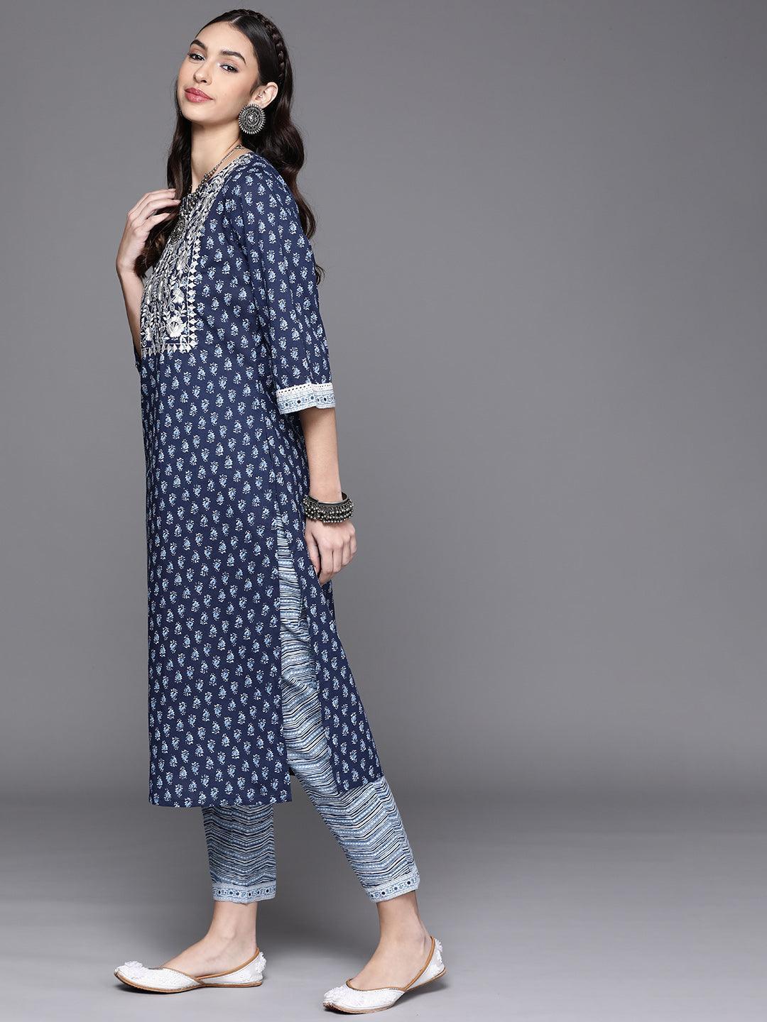 Navy Blue Printed Cotton Kurta - Libas