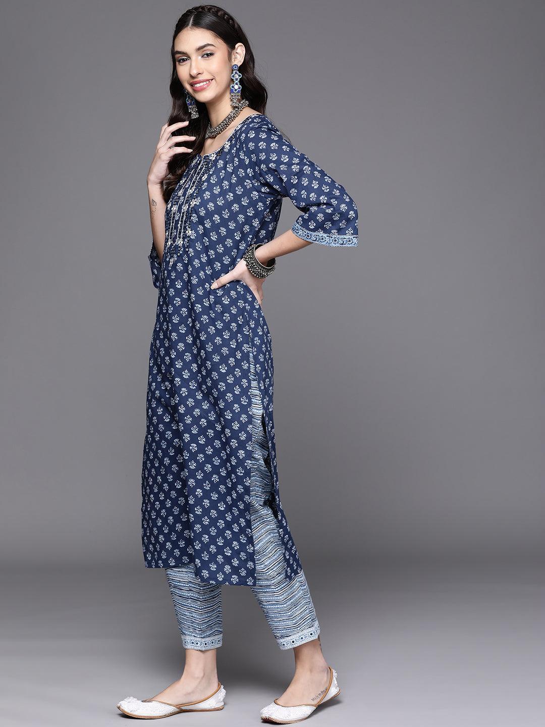 Navy Blue Printed Cotton Kurta