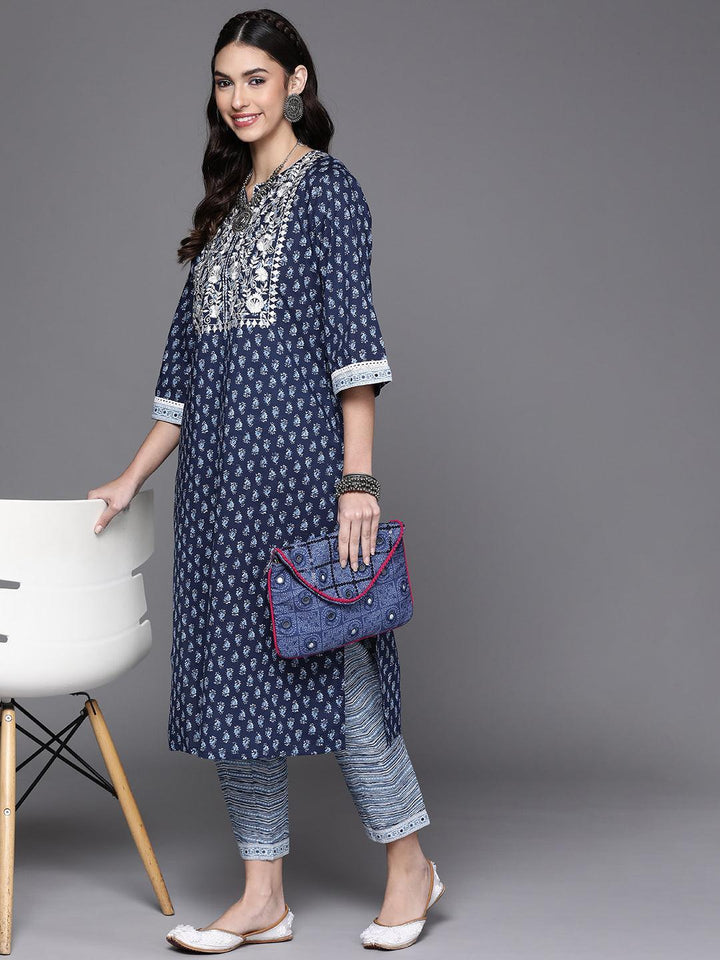 Navy Blue Printed Cotton Kurta - Libas