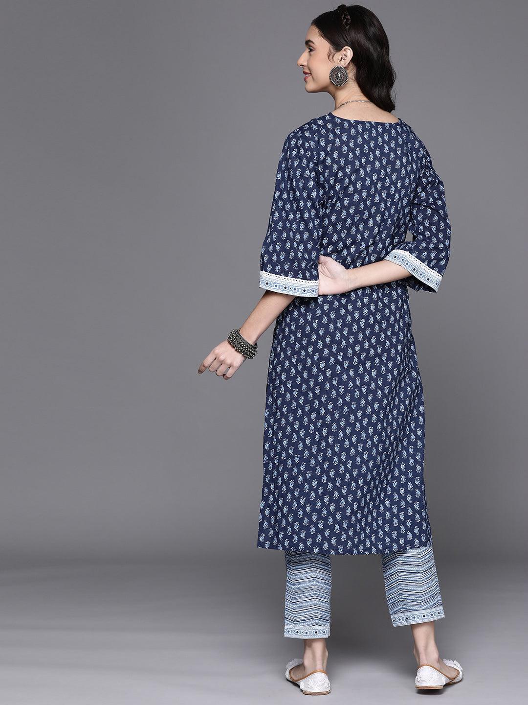 Navy Blue Printed Cotton Kurta - Libas