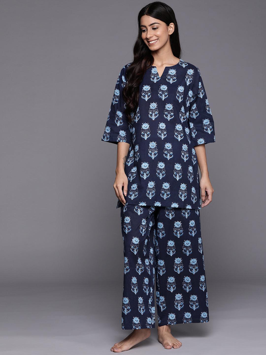 Navy Blue Printed Cotton Night Suit