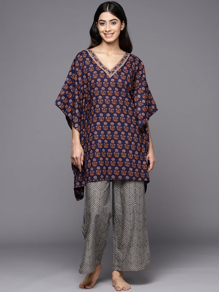 Navy Blue Printed Cotton Night Suit - ShopLibas