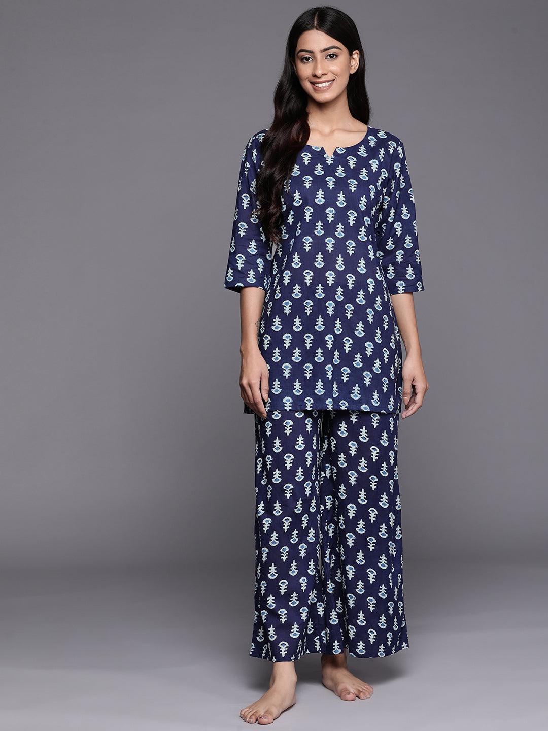 Navy Blue Printed Cotton Night Suit