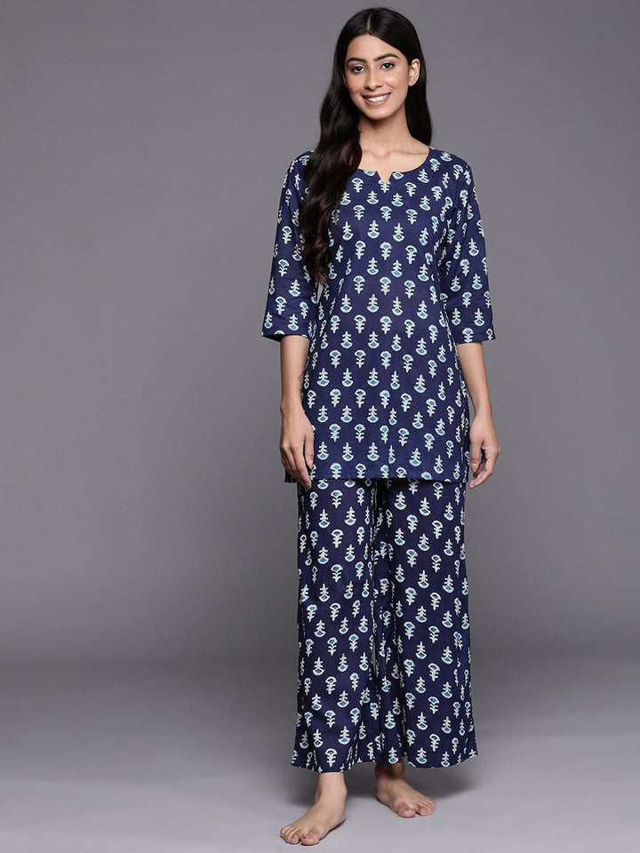 Navy Blue Printed Cotton Night Suit - ShopLibas