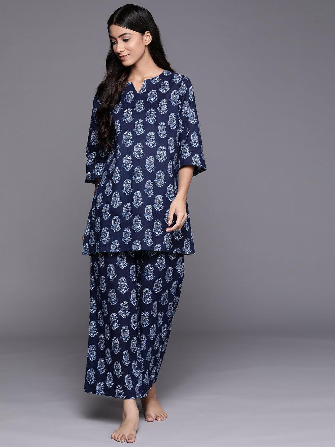 Navy Blue Printed Cotton Night Suit