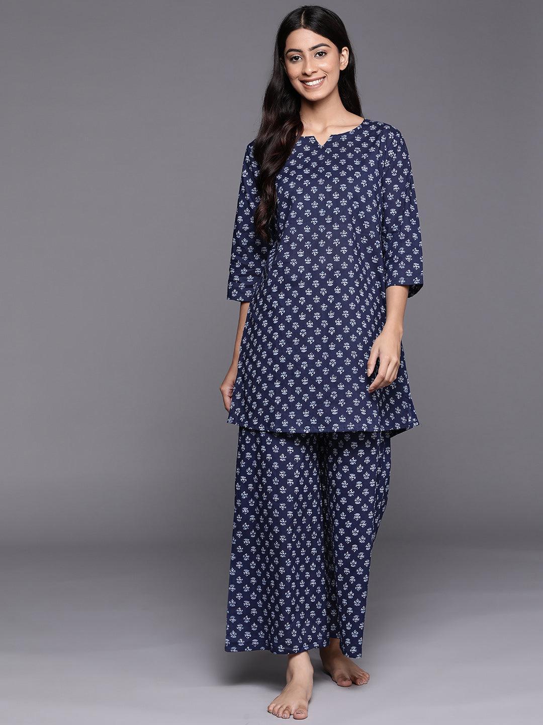 Navy Blue Printed Cotton Night Suit