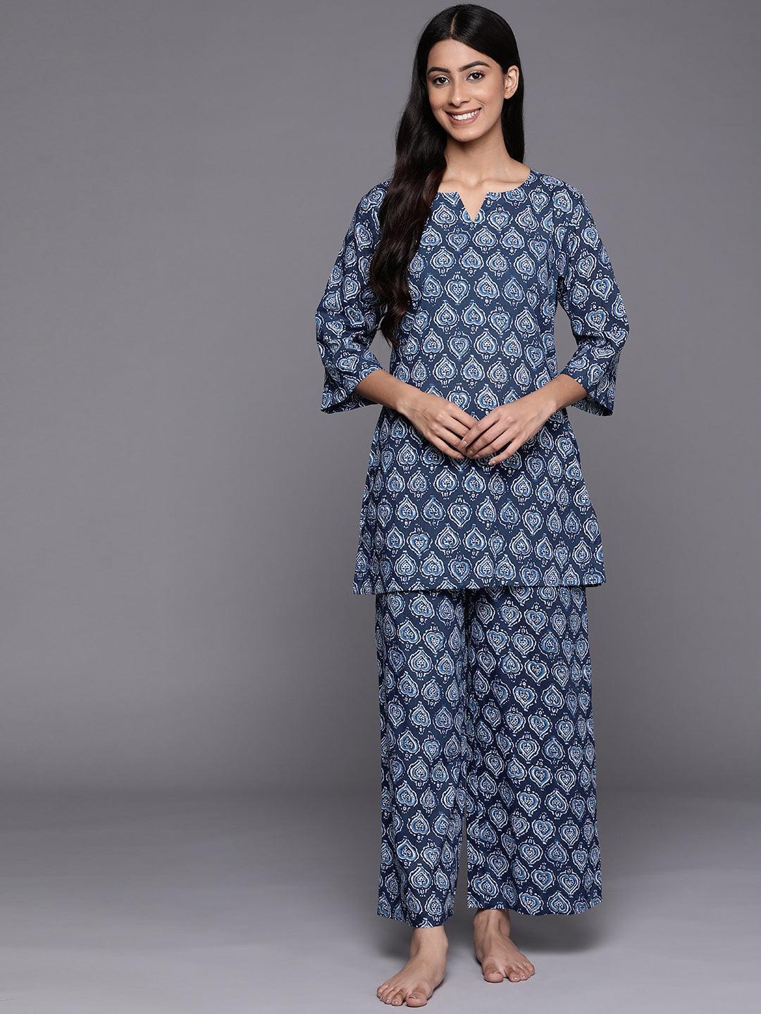 Navy Blue Printed Cotton Night Suit