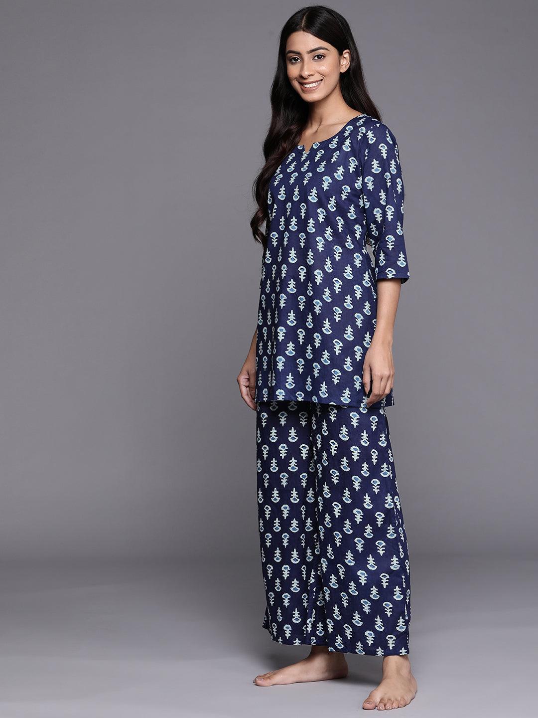 Navy Blue Printed Cotton Night Suit