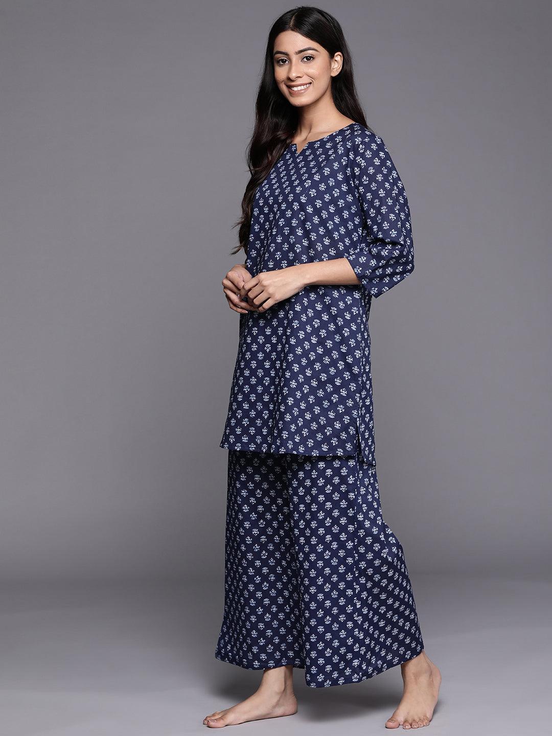 Navy Blue Printed Cotton Night Suit