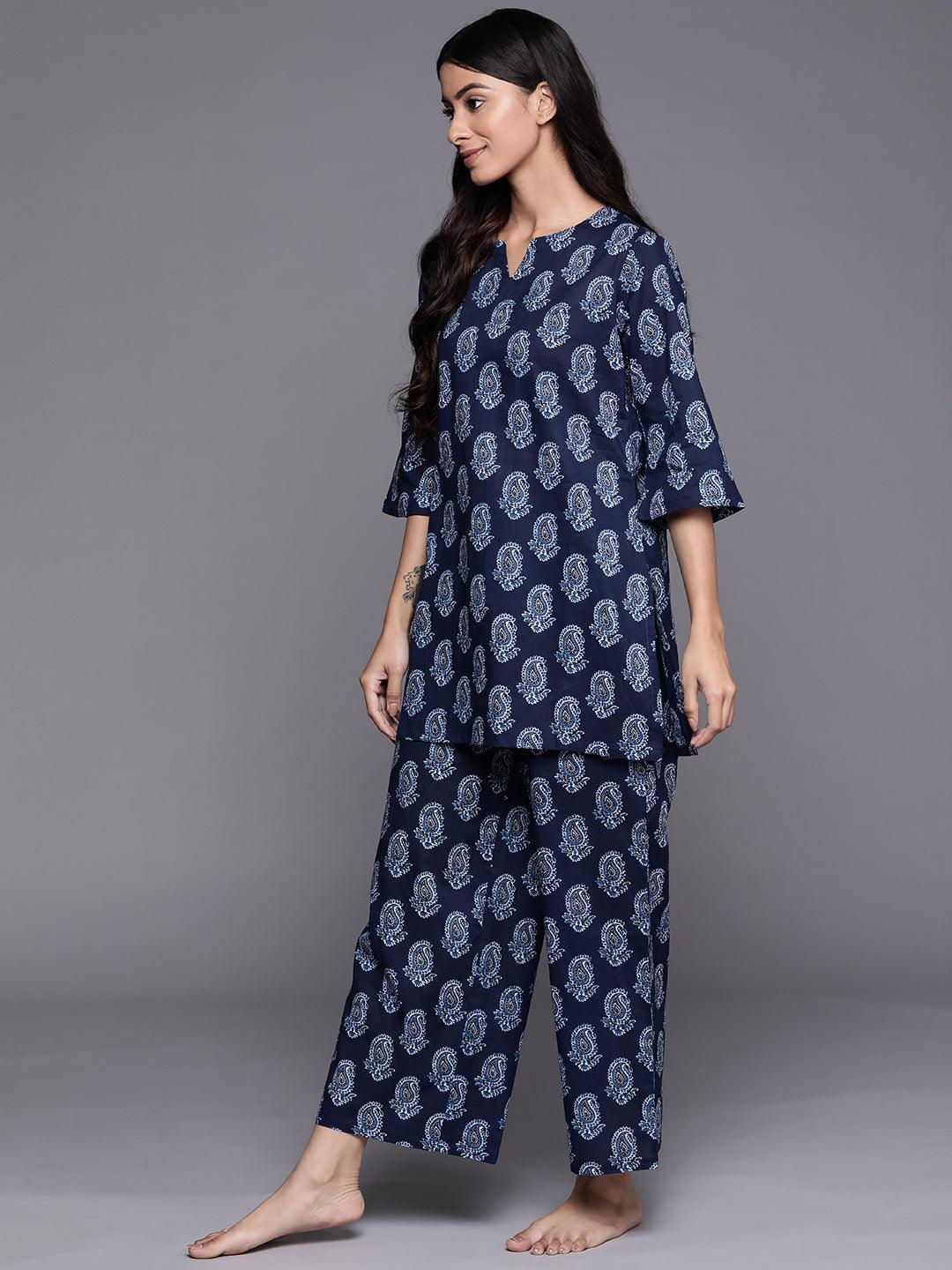 Navy Blue Printed Cotton Night Suit