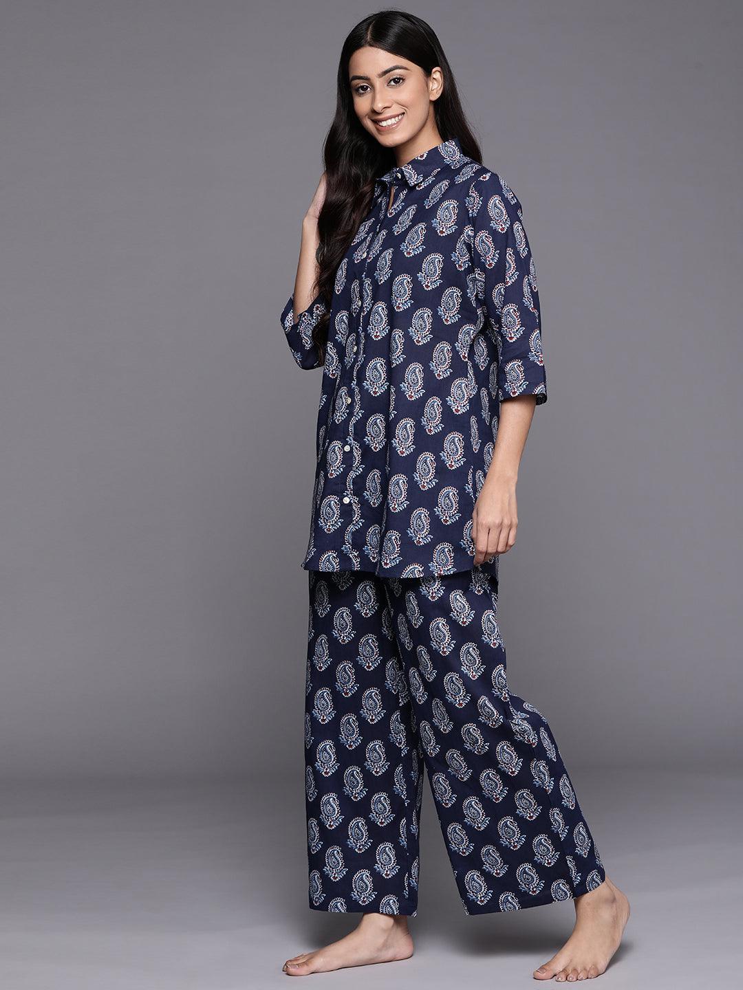 Navy Blue Printed Cotton Night Suit