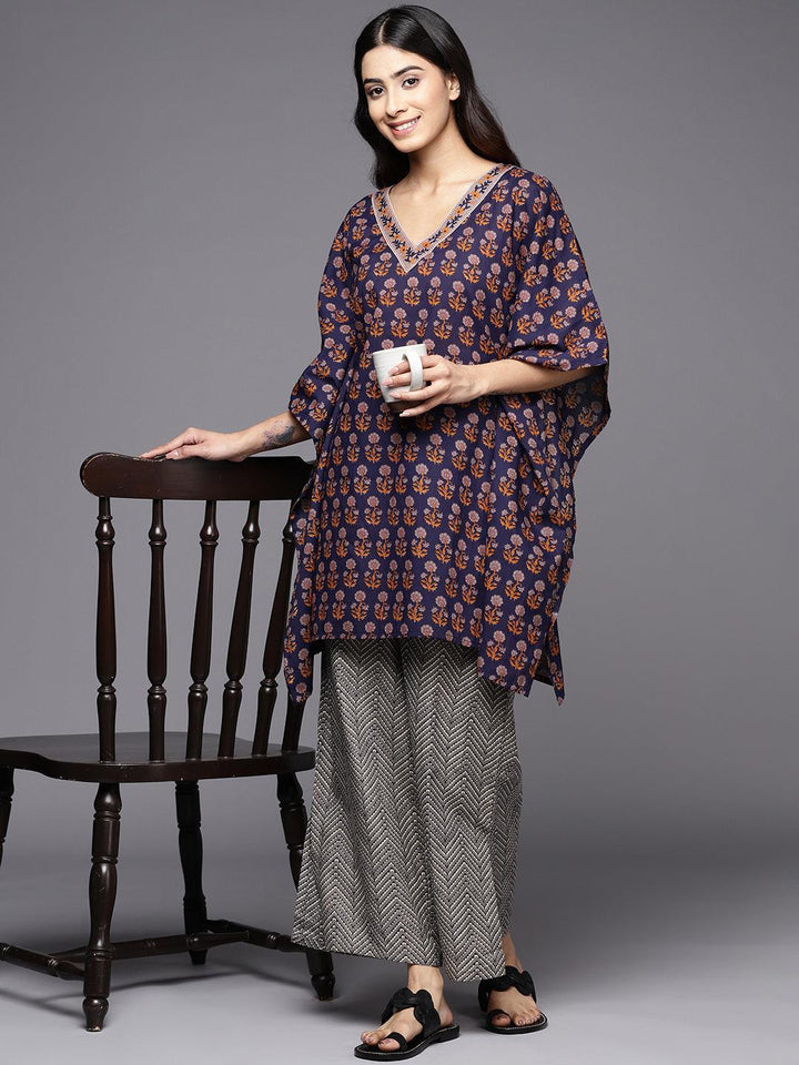 Navy Blue Printed Cotton Night Suit - ShopLibas