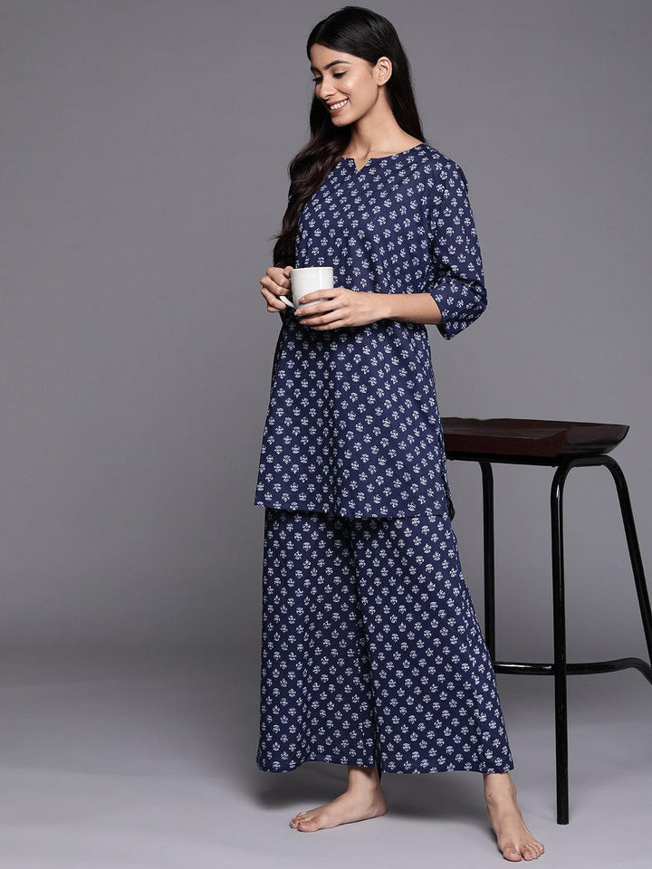 Navy Blue Printed Cotton Night Suit - ShopLibas