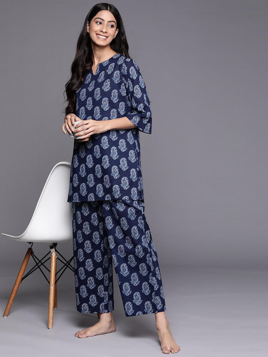 Navy Blue Printed Cotton Night Suit