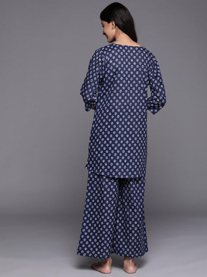 Navy Blue Printed Cotton Night Suit - ShopLibas