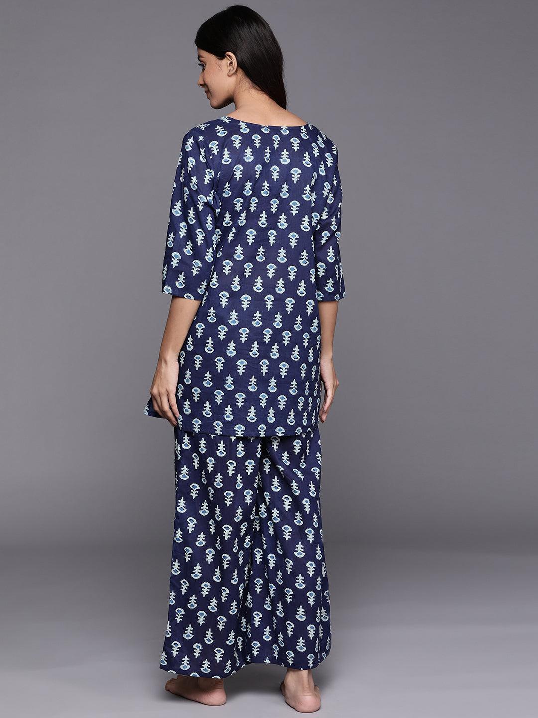 Navy Blue Printed Cotton Night Suit