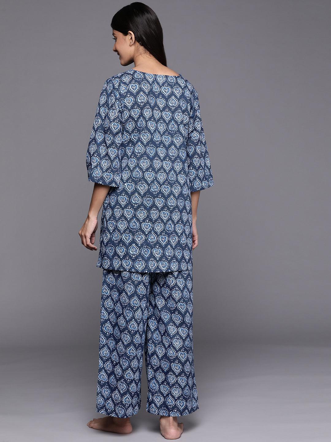 Navy Blue Printed Cotton Night Suit