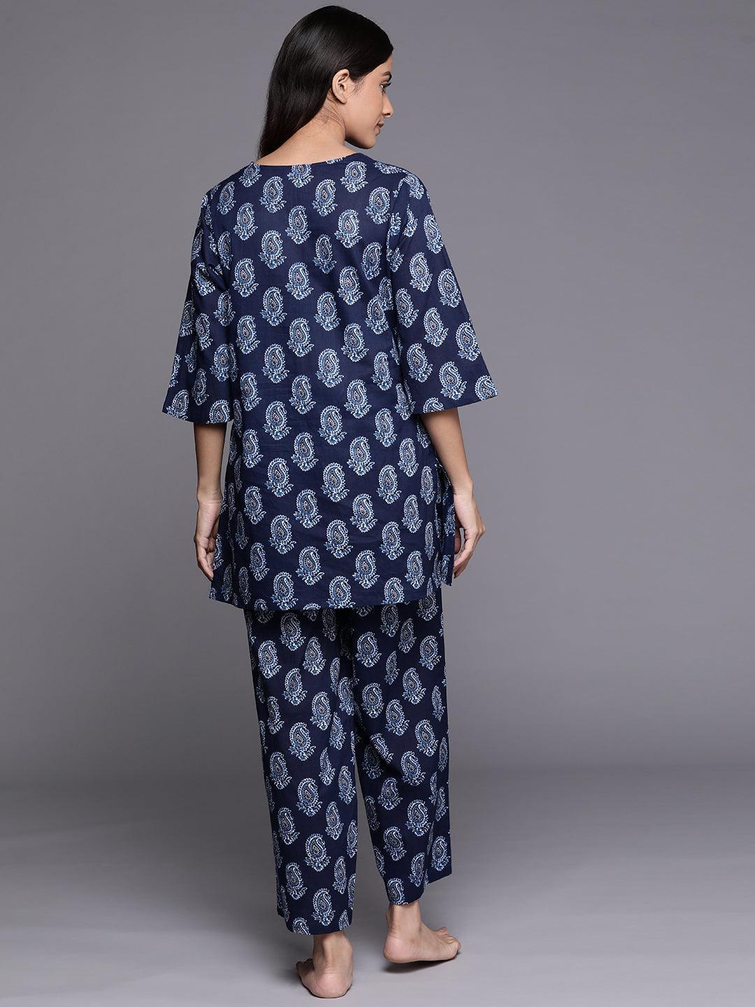 Navy Blue Printed Cotton Night Suit