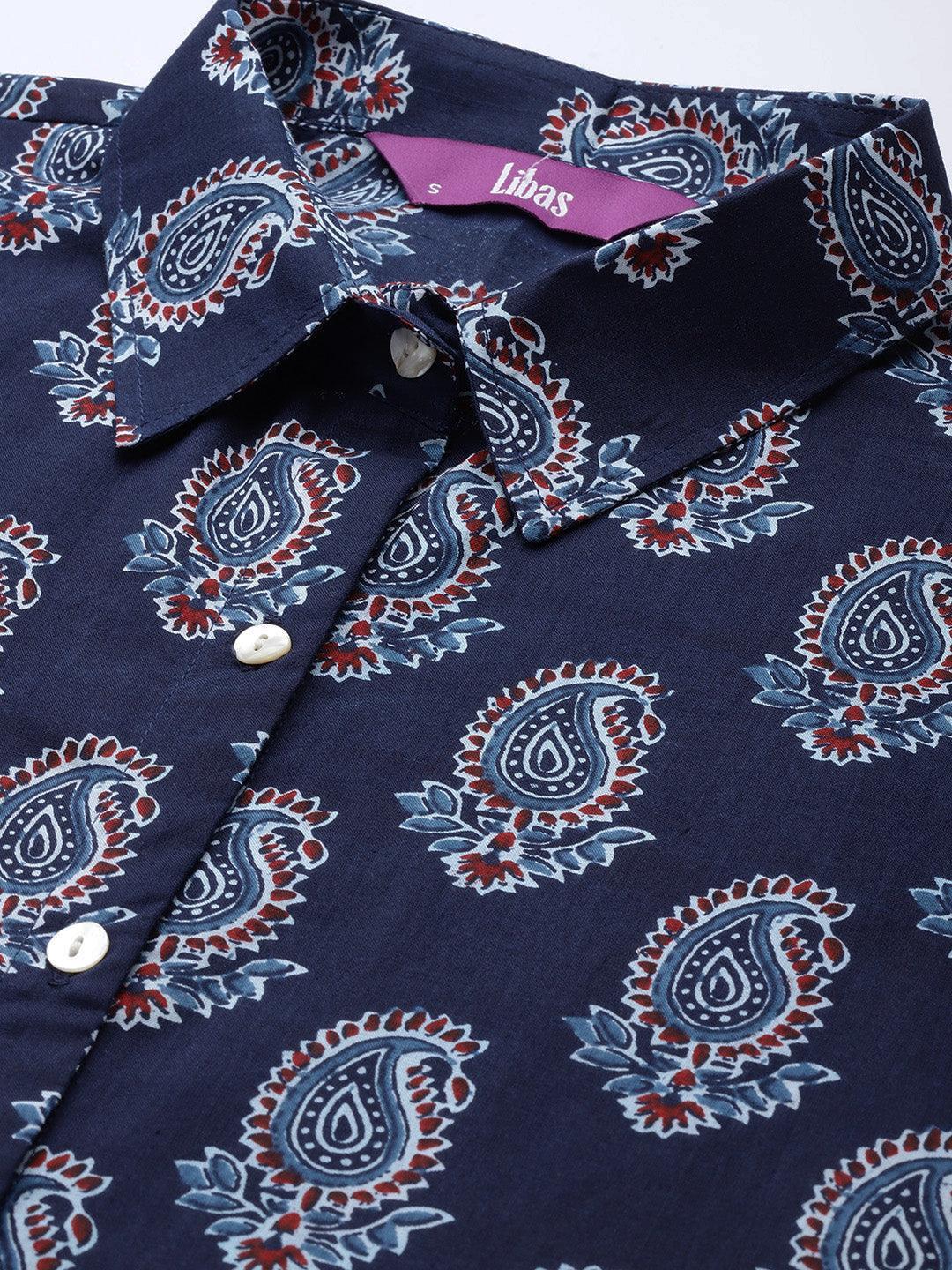 Navy Blue Printed Cotton Night Suit