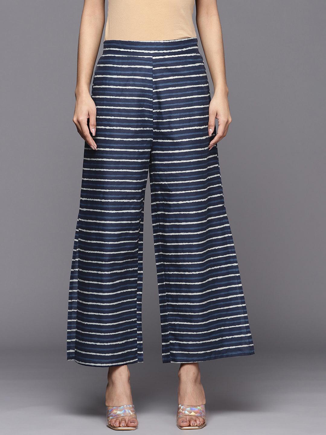 Navy Blue Printed Cotton Palazzos - ShopLibas