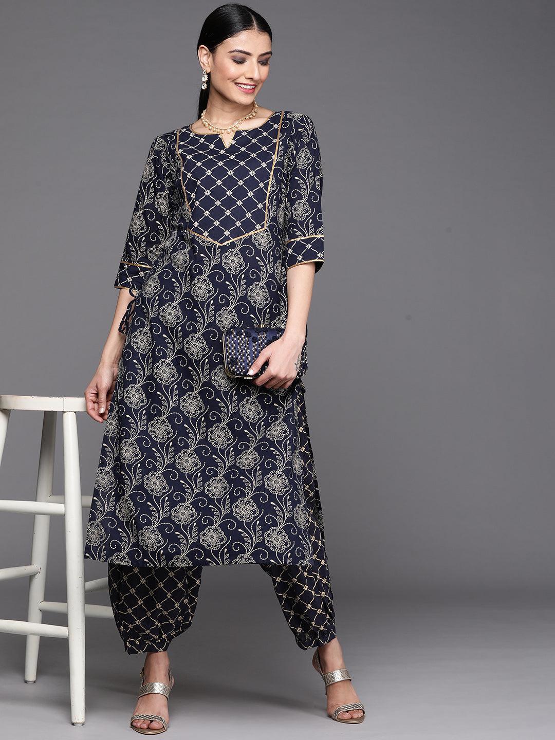 Navy Blue Printed Cotton Salwar Pants - ShopLibas