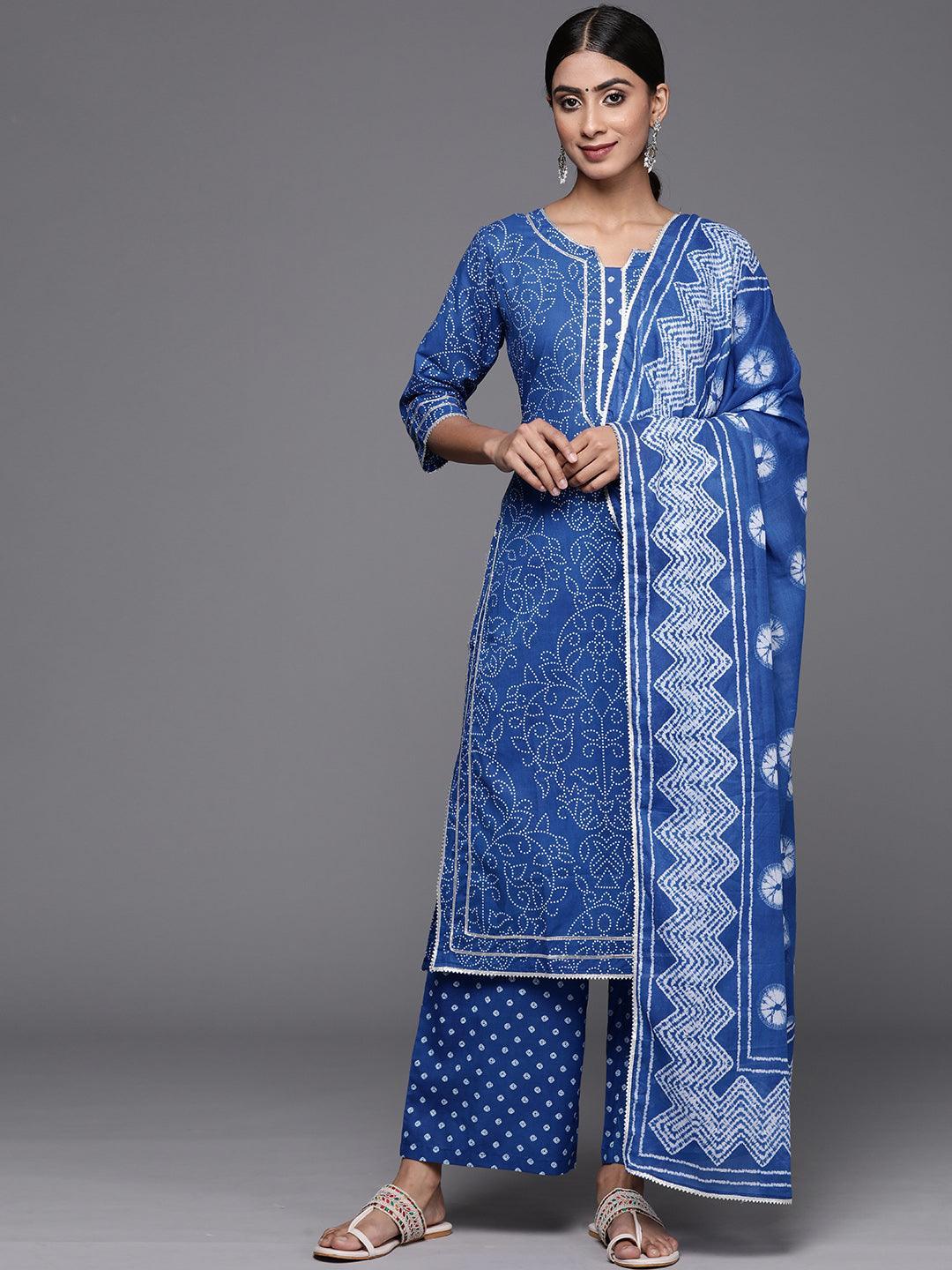 Navy Blue Printed Cotton Straight Kurta With Palazzos & Dupatta