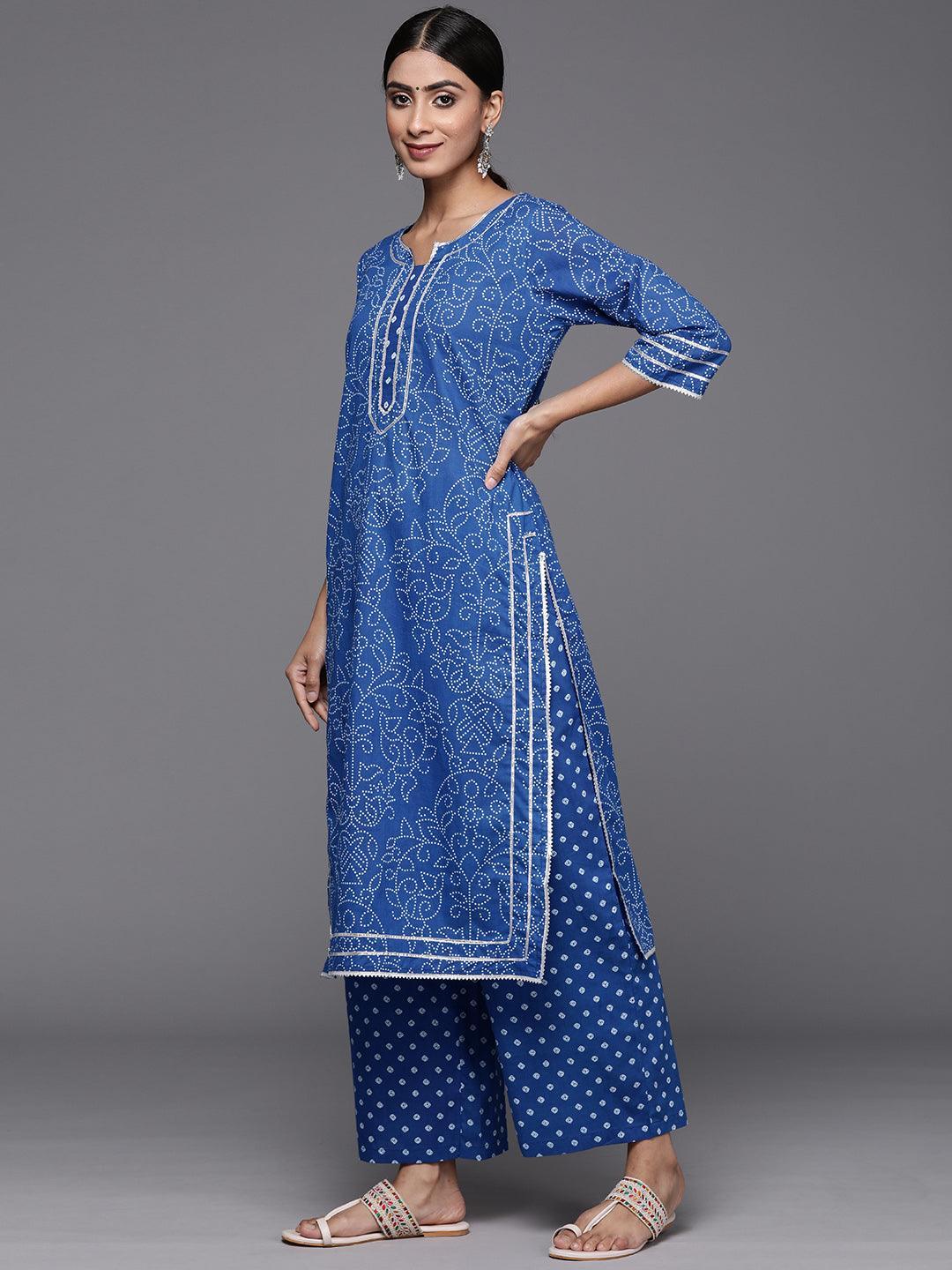 Navy Blue Printed Cotton Straight Kurta With Palazzos & Dupatta - Libas