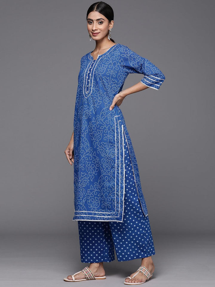 Navy Blue Printed Cotton Straight Kurta With Palazzos & Dupatta - Libas