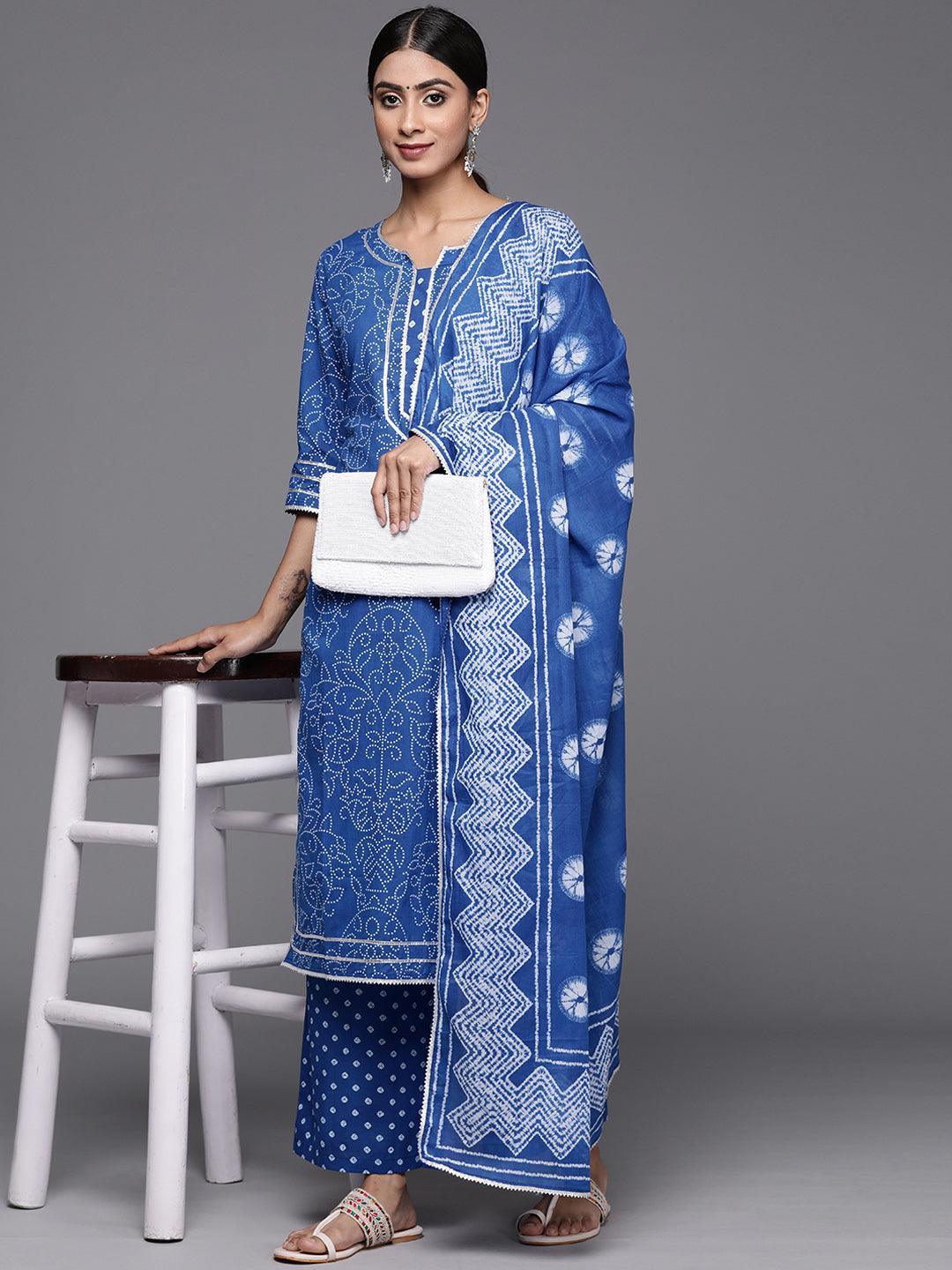 Navy Blue Printed Cotton Straight Kurta With Palazzos & Dupatta