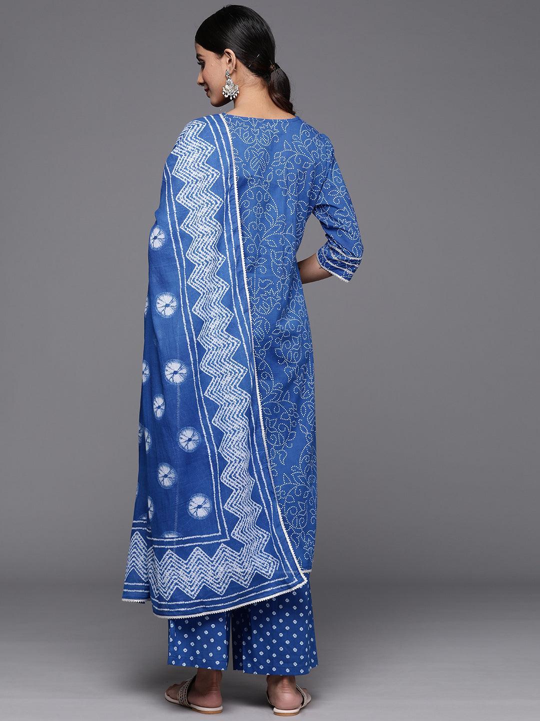 Navy Blue Printed Cotton Straight Kurta With Palazzos & Dupatta