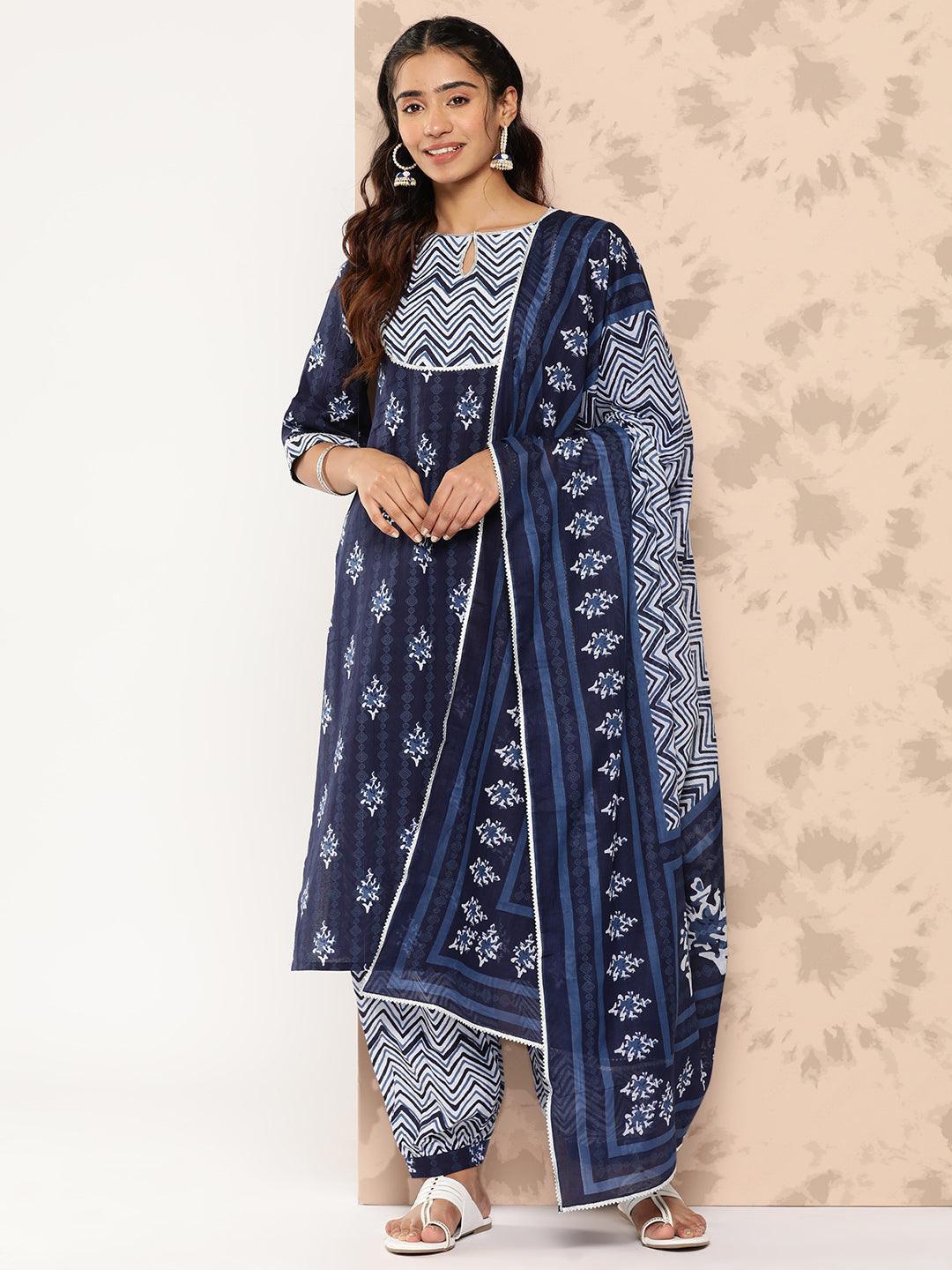 Navy Blue Printed Cotton Straight Kurta With Salwar & Dupatta