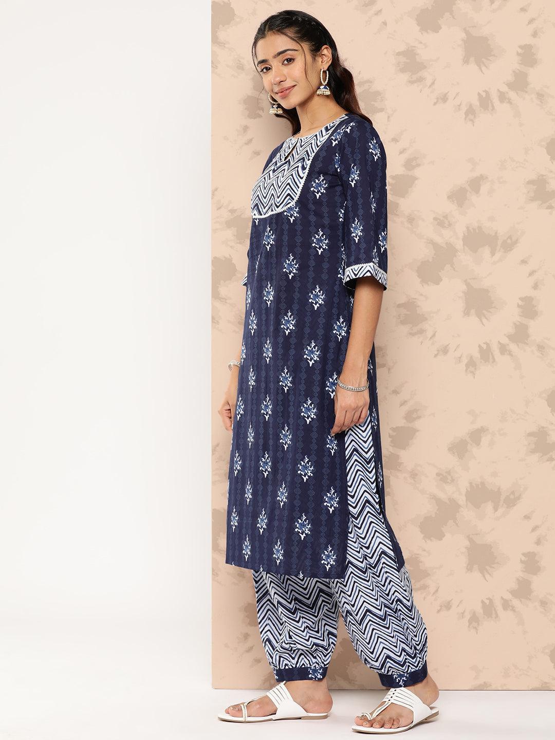 Navy Blue Printed Cotton Straight Kurta With Salwar & Dupatta