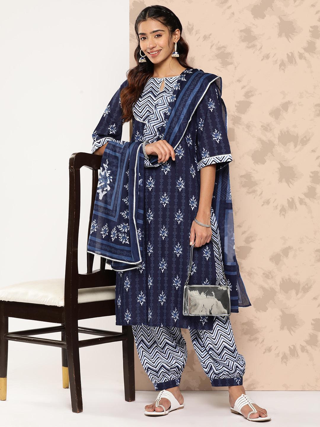 Navy Blue Printed Cotton Straight Kurta With Salwar & Dupatta