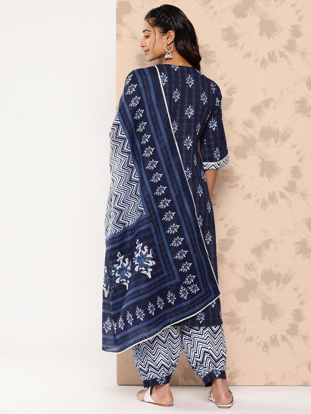 Navy Blue Printed Cotton Straight Kurta With Salwar & Dupatta