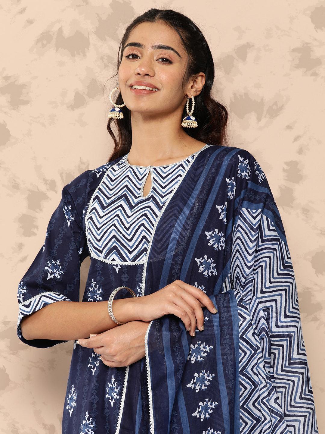 Navy Blue Printed Cotton Straight Kurta With Salwar & Dupatta