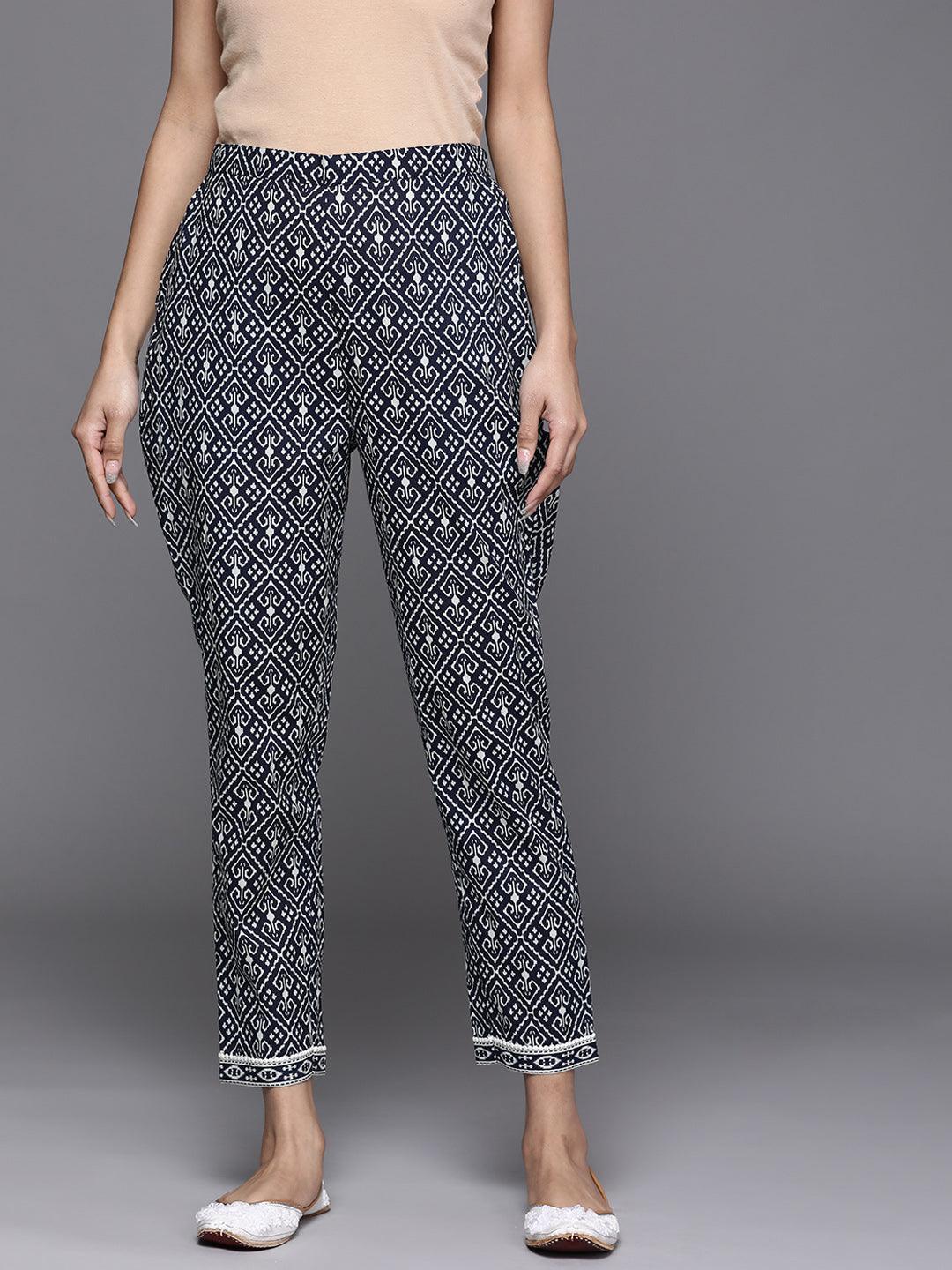 Navy Blue Printed Cotton Trousers - ShopLibas