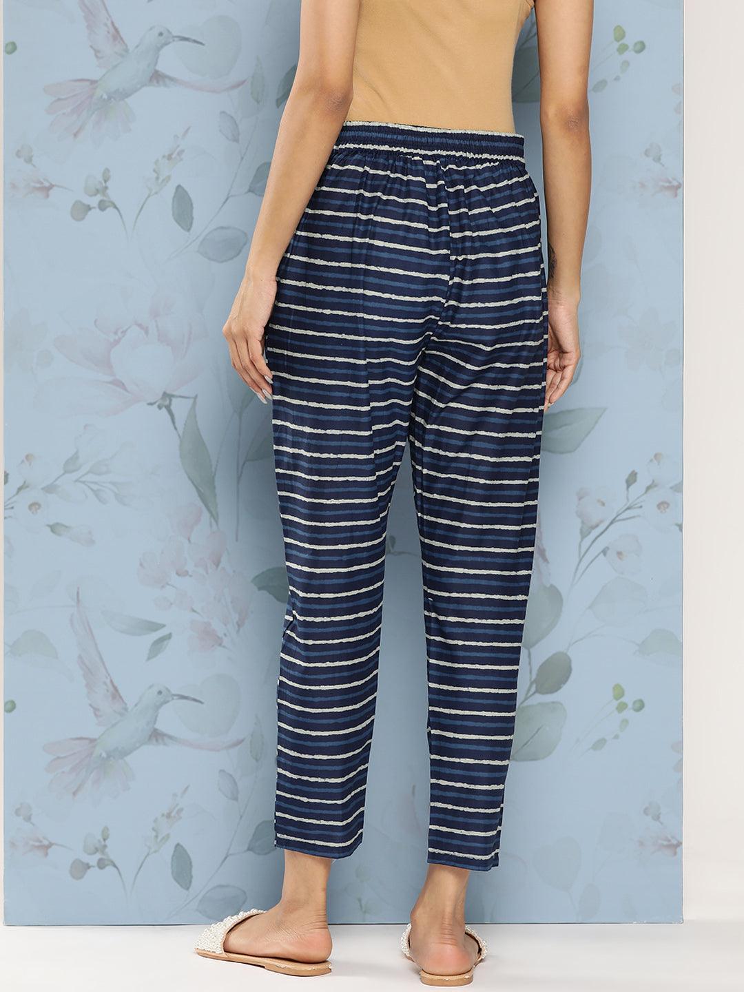 Navy Blue Printed Cotton Trousers - Libas