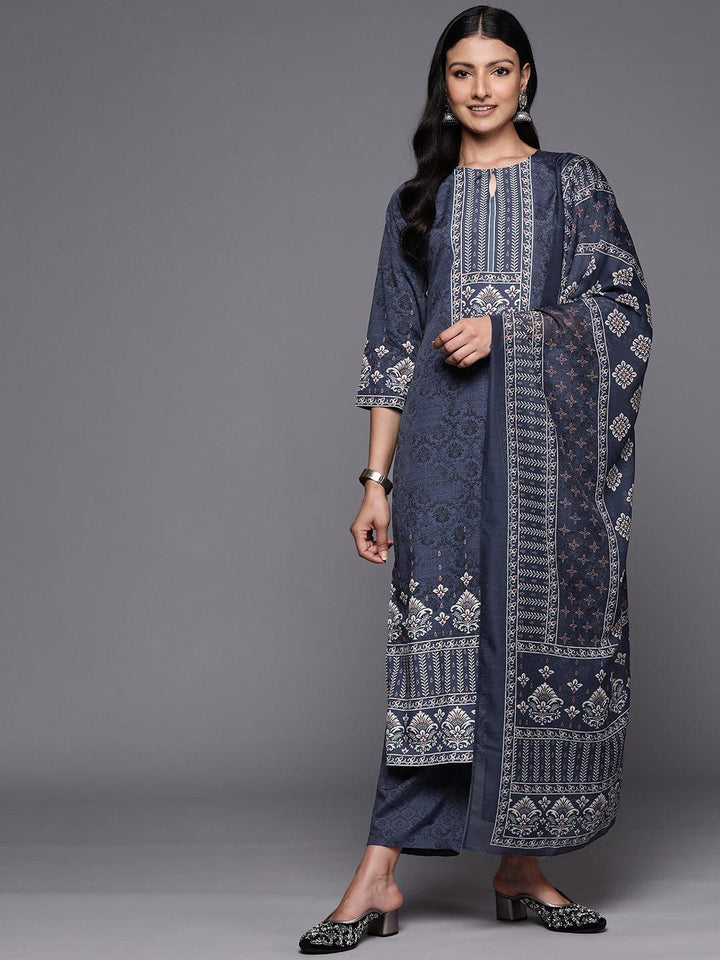 Navy Blue Printed Crepe Straight Suit Set With Trousers - ShopLibas