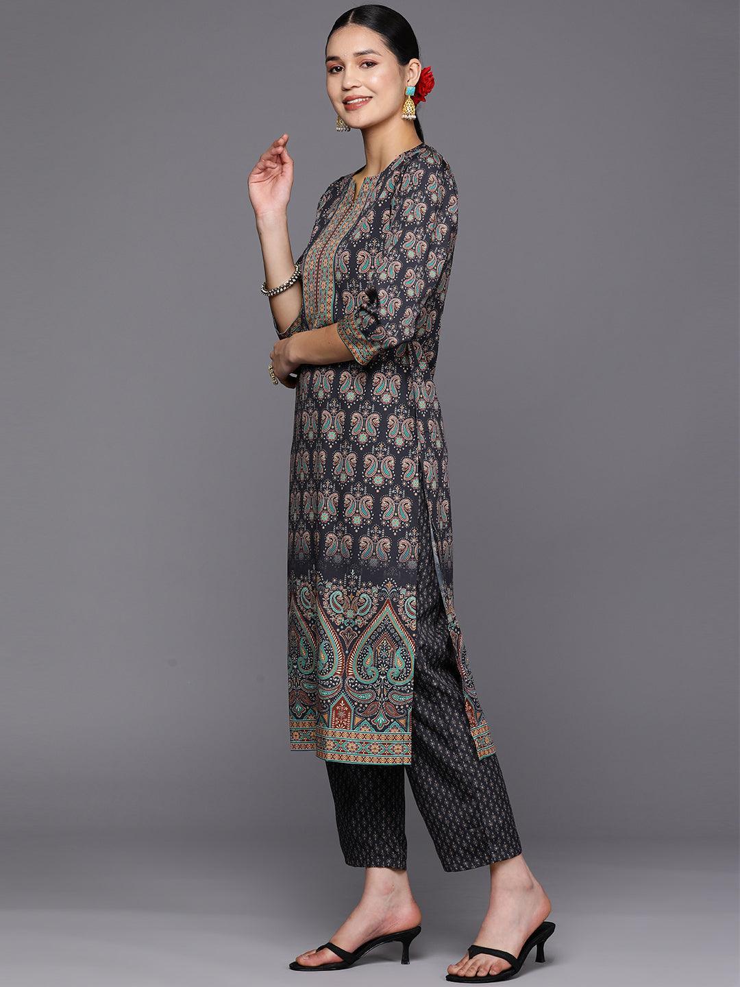 Navy Blue Printed Crepe Straight Suit Set With Trousers - ShopLibas