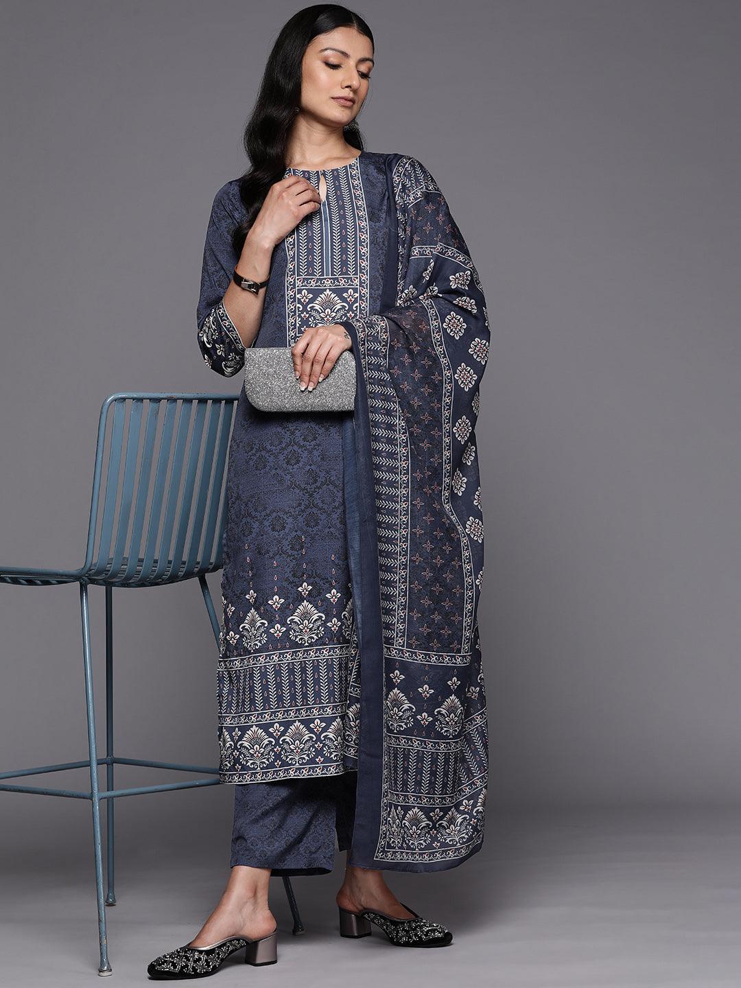 Navy Blue Printed Crepe Straight Suit Set With Trousers - ShopLibas