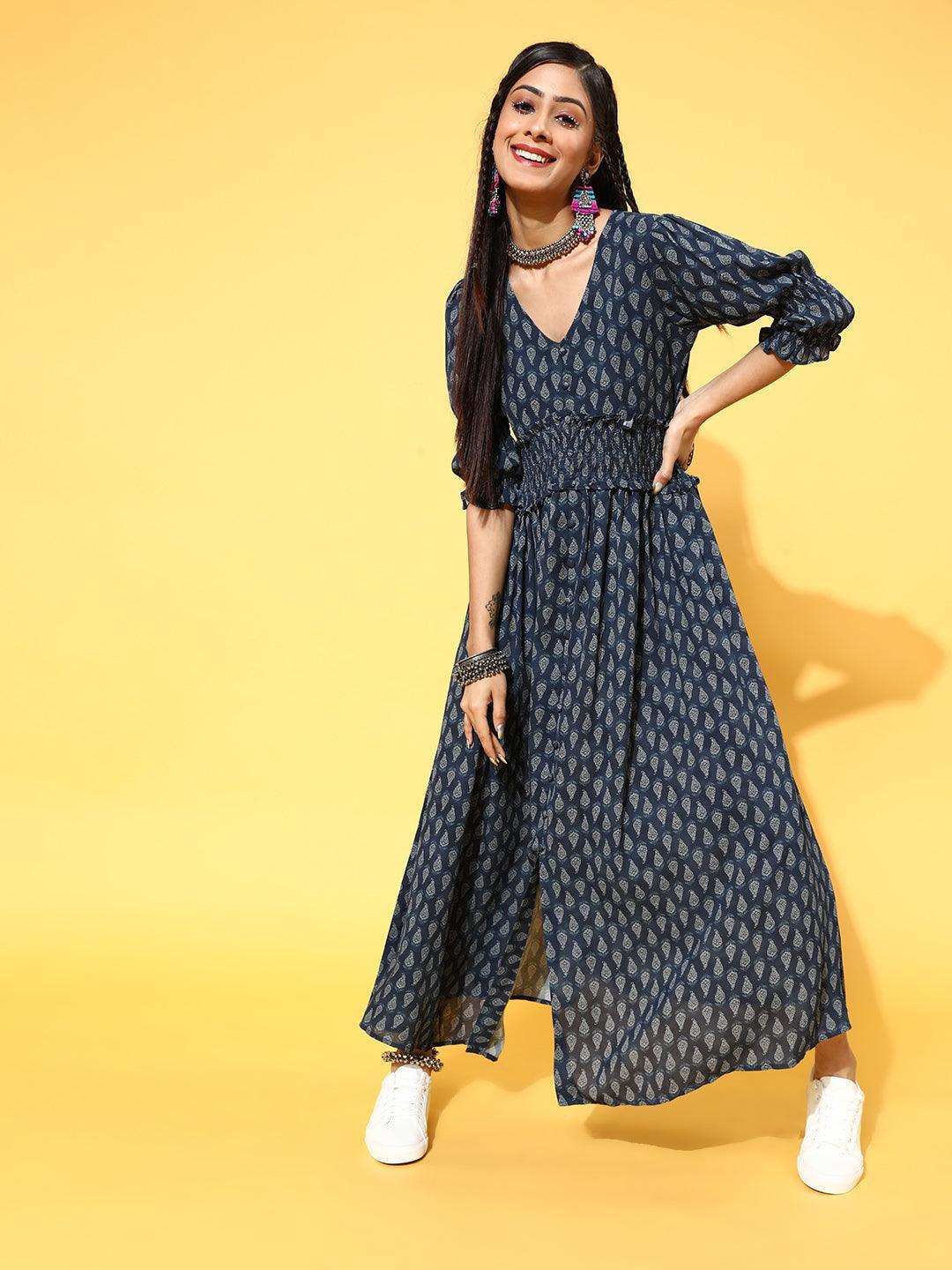 Navy Blue Printed Georgette Dress - ShopLibas