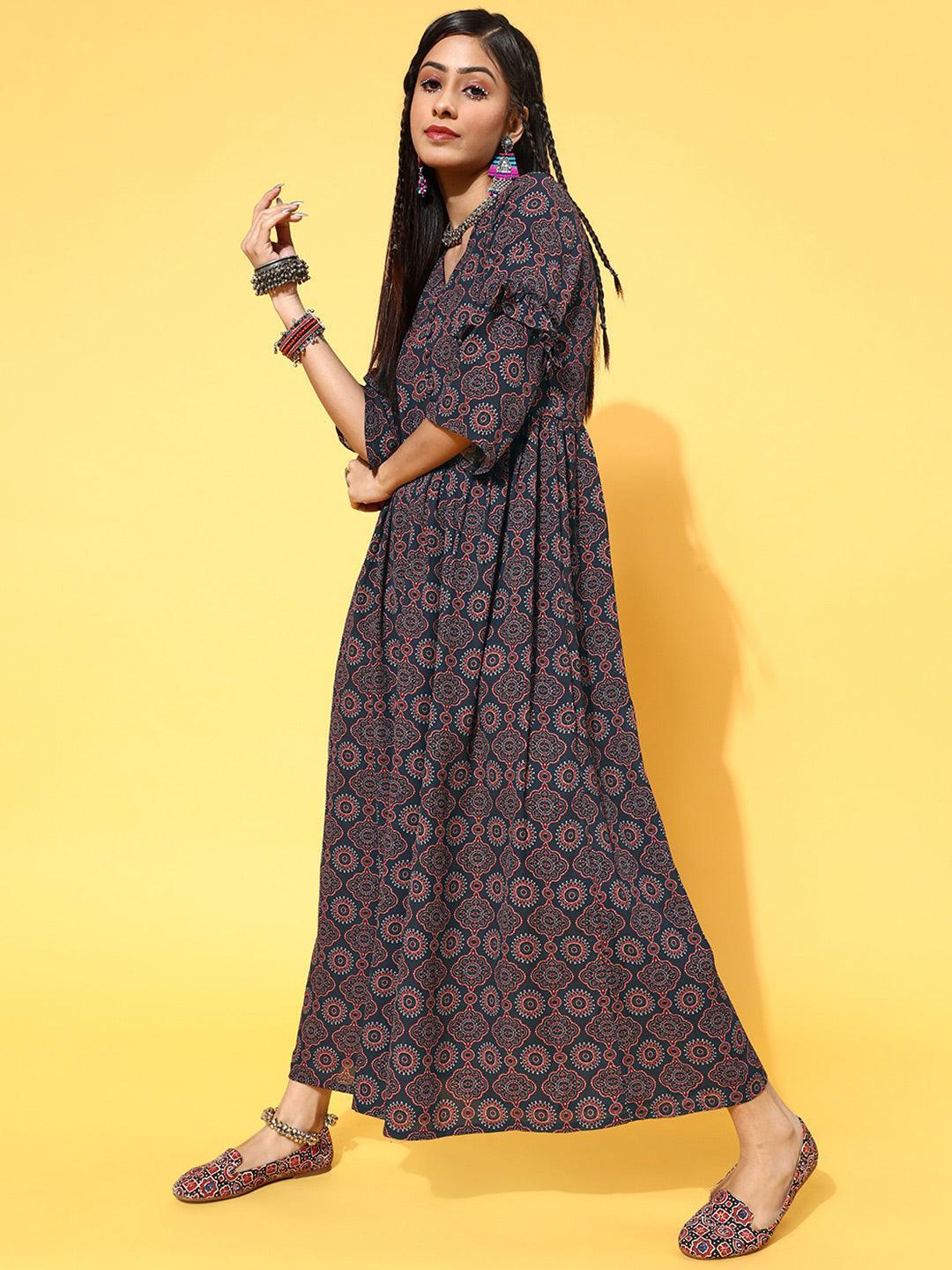 Navy Blue Printed Georgette Dress