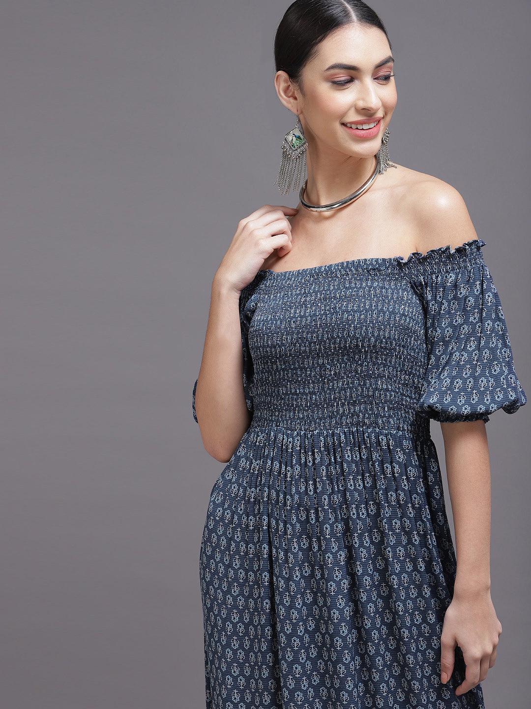 Navy Blue Printed Georgette Dress