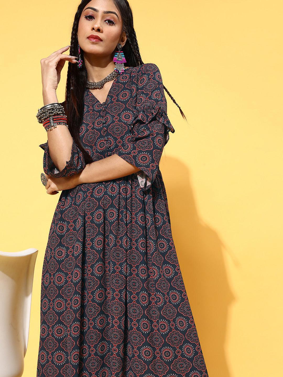 Navy Blue Printed Georgette Dress - ShopLibas