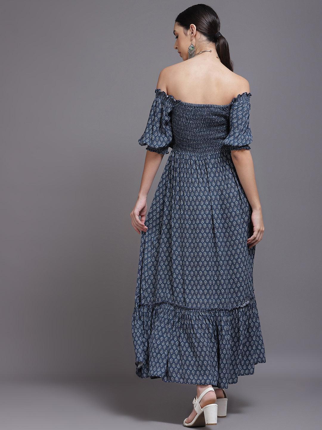 Navy Blue Printed Georgette Dress