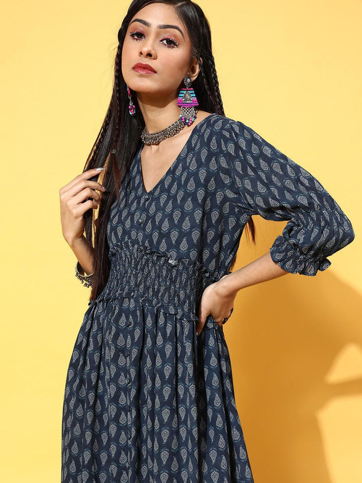 Navy Blue Printed Georgette Dress - ShopLibas