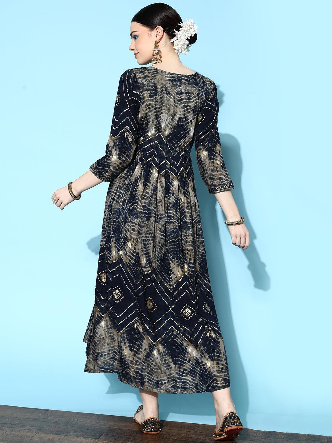 Navy Blue Printed Rayon Fit and Flared Dress