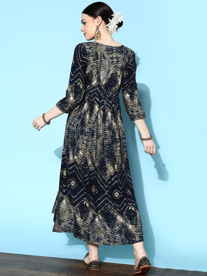 Navy Blue Printed Rayon Fit and Flared Dress - Libas