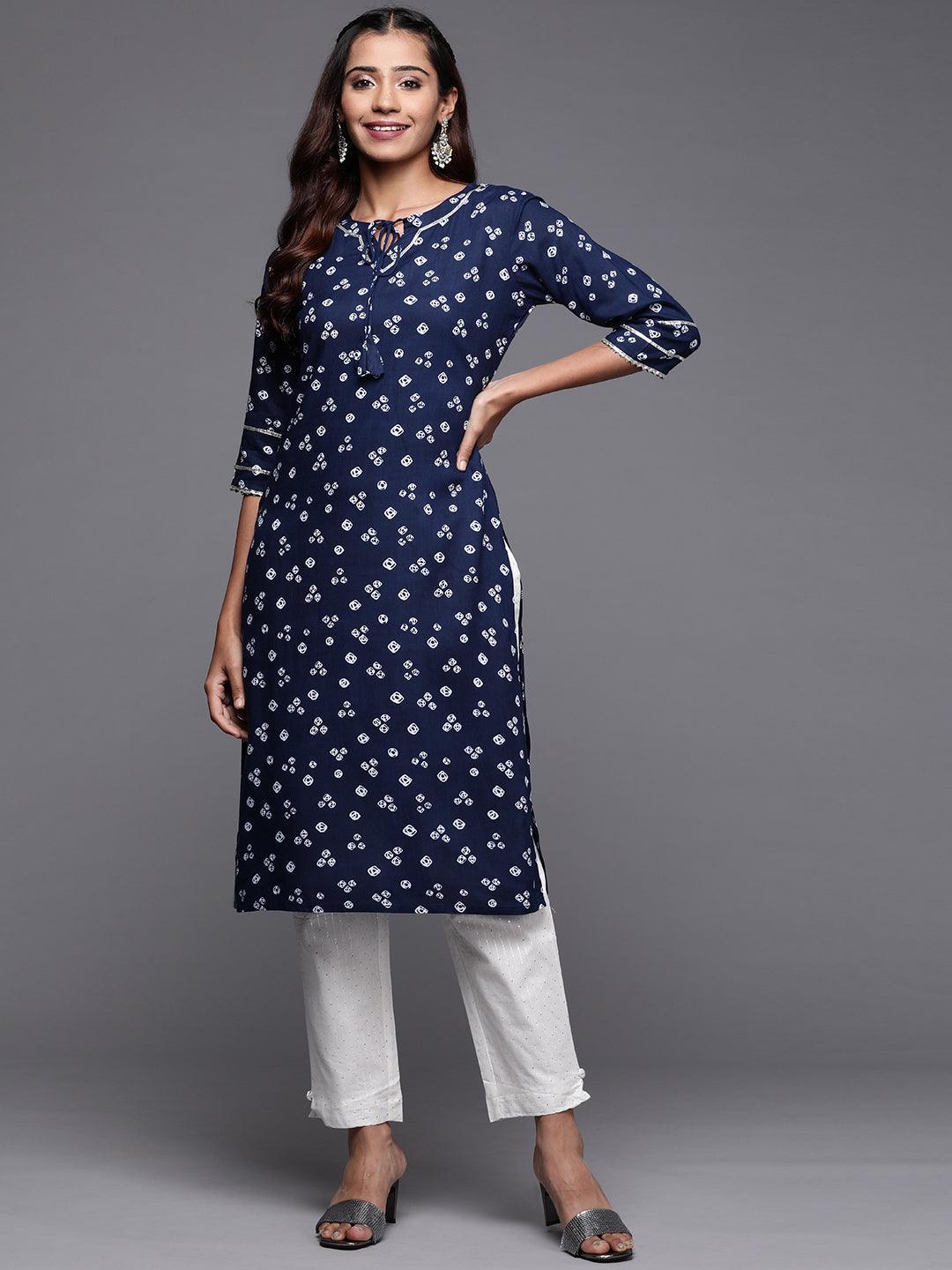 Navy Blue Printed Rayon Straight Kurta